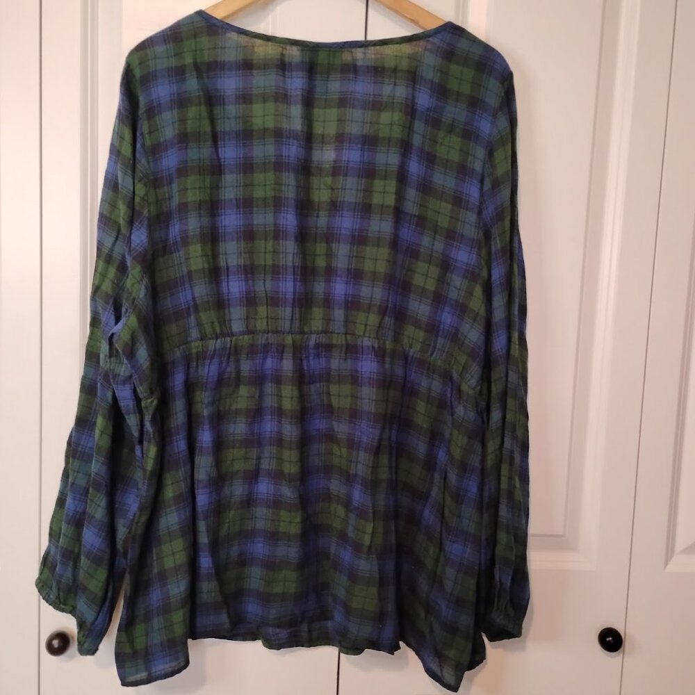 LaneBryant Women's Forest Green Blue Plaid Long Sleeve Basic Blouse Size 26/28 - Picture 2 of 4